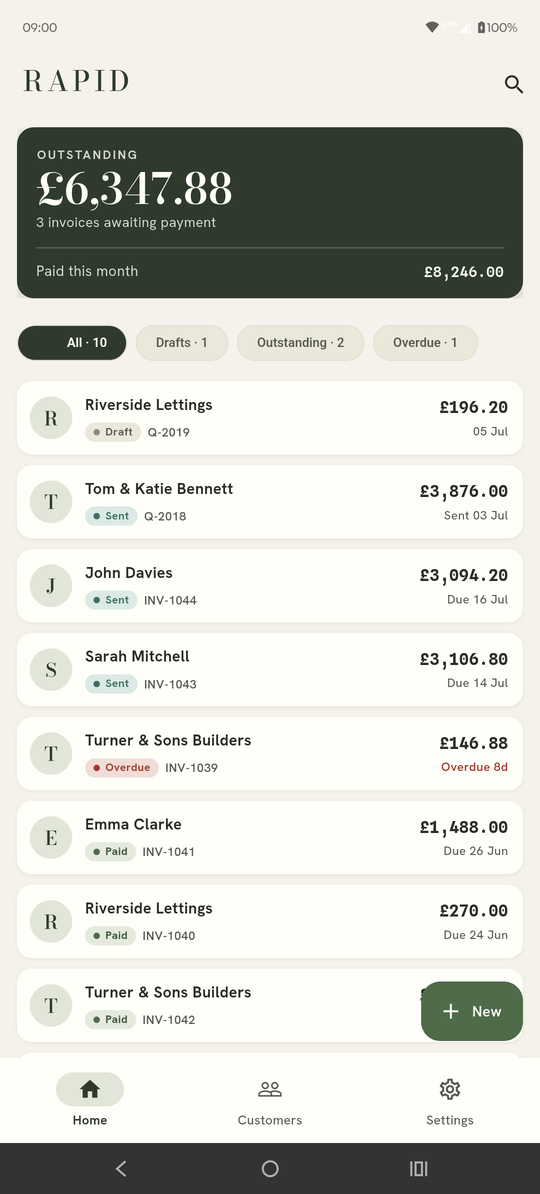 Rapid Invoice home screen: outstanding total, paid this month, and the document list